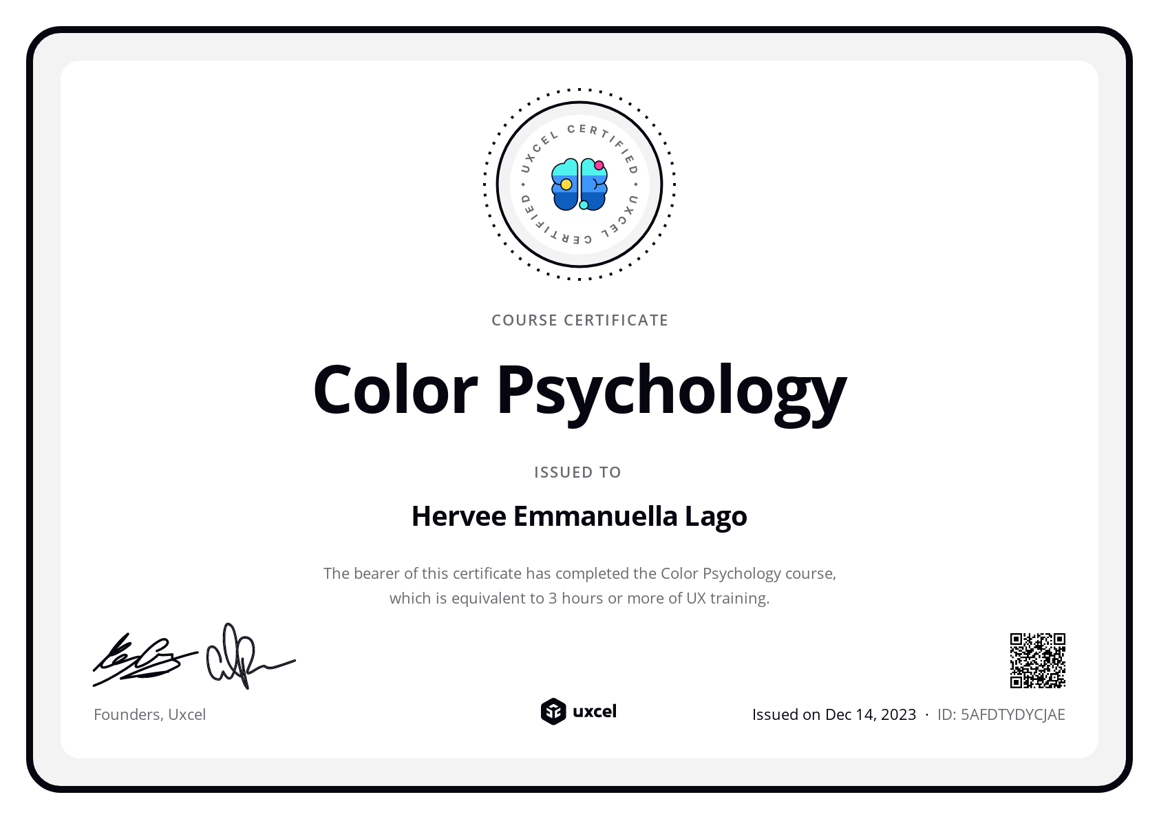 Hervee Emmanuella Lago's certificate